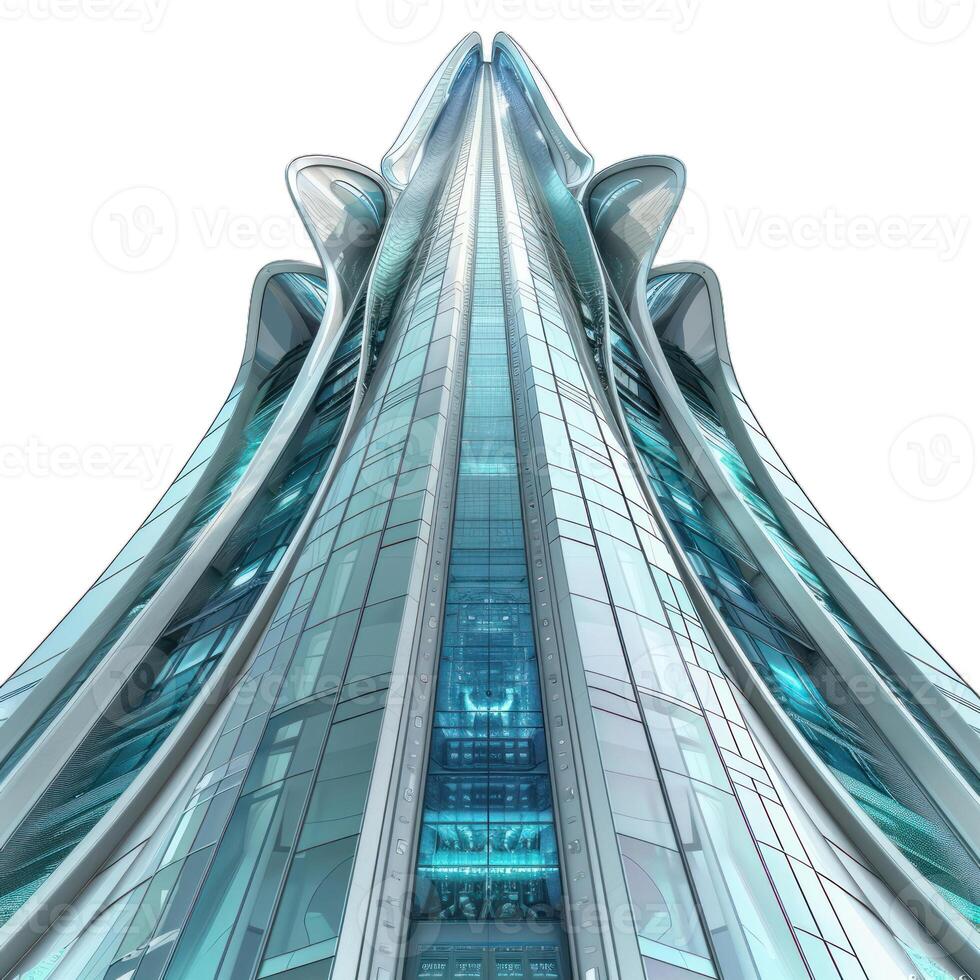 Futuristic building soaring into the clouds with white background photo