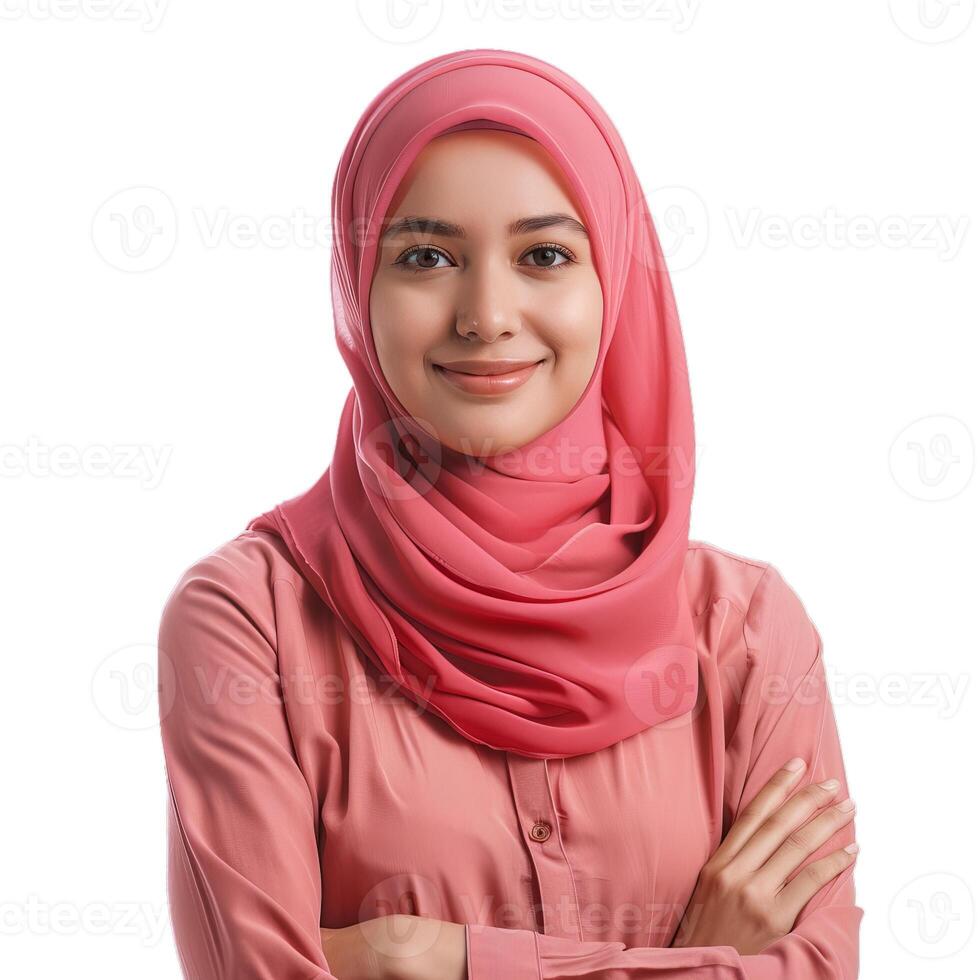 Muslim businesswoman smiling with crossed arms on white background photo