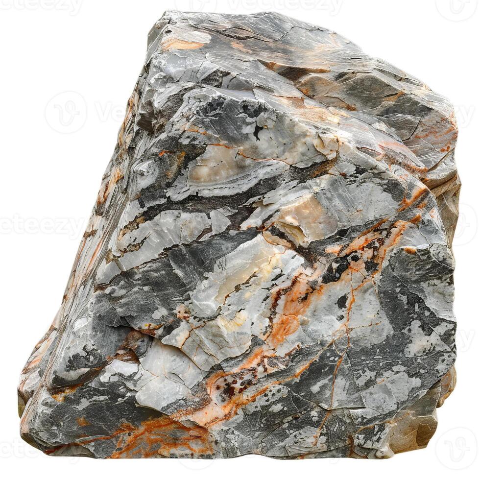 Large granite rock with colorful texture is standing on a white background photo