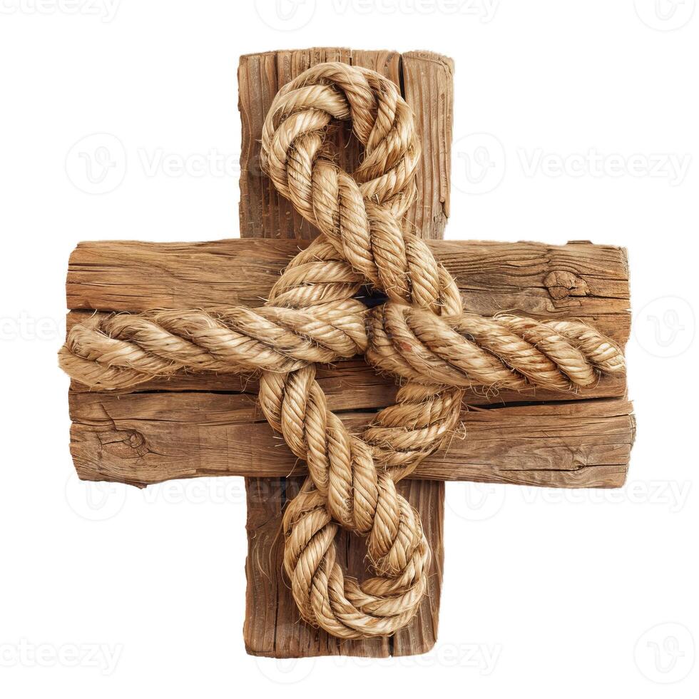 Trefoil knot forming a figure eight on wooden cross photo