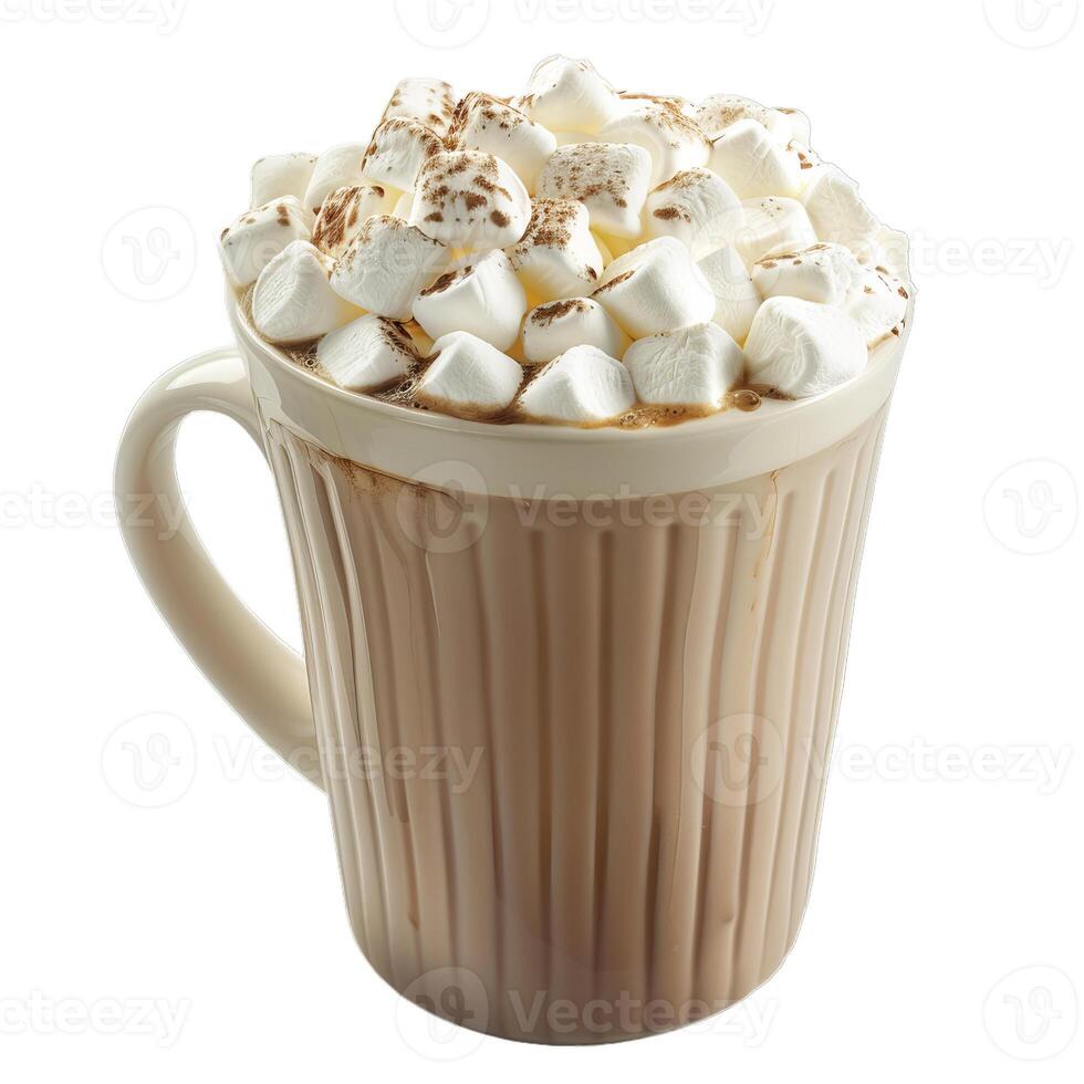 Mug filled with hot chocolate topped with mini marshmallows and cocoa powder photo