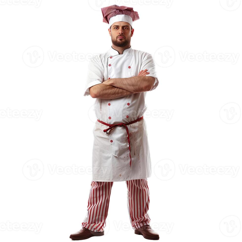 Serious butcher with folded arms wearing bloody apron and chef hat photo