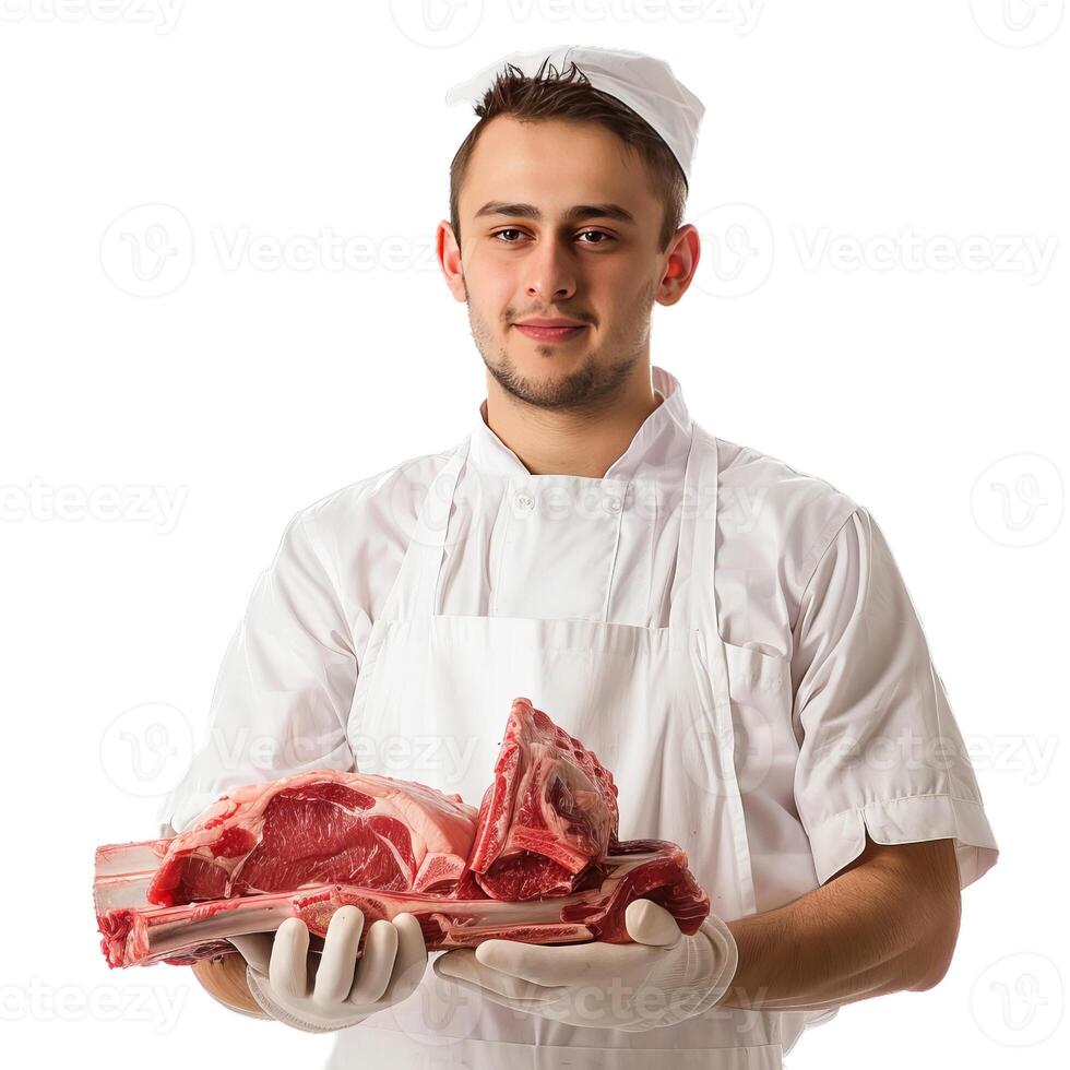 Butcher holding raw beef ribs isolated on white background photo