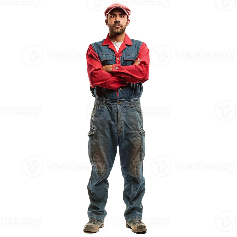 Confident mechanic wearing red shirt and blue overalls standing with arms crossed photo