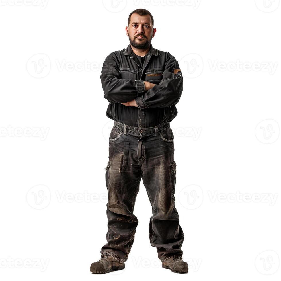Confident mechanic wearing black work wear standing with arms crossed photo