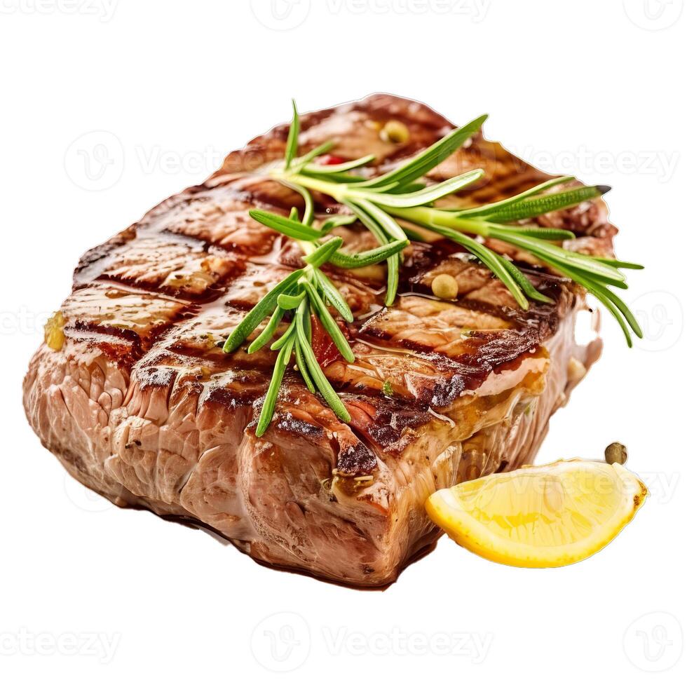 Grilled beef steak with rosemary and lemon slice isolated on white background photo