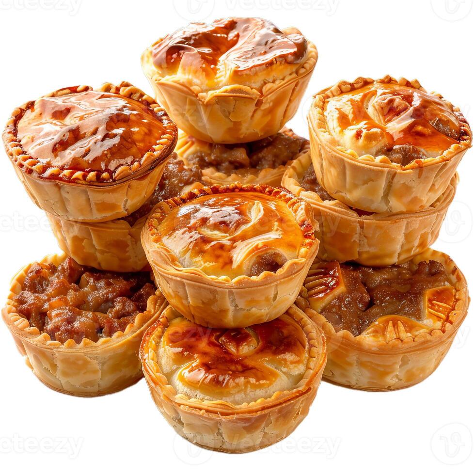 Delicious individual meat pies stacked on white background photo