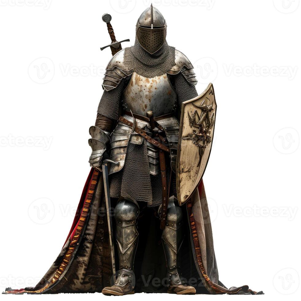Medieval knight in full armor stands with his sword and shield photo
