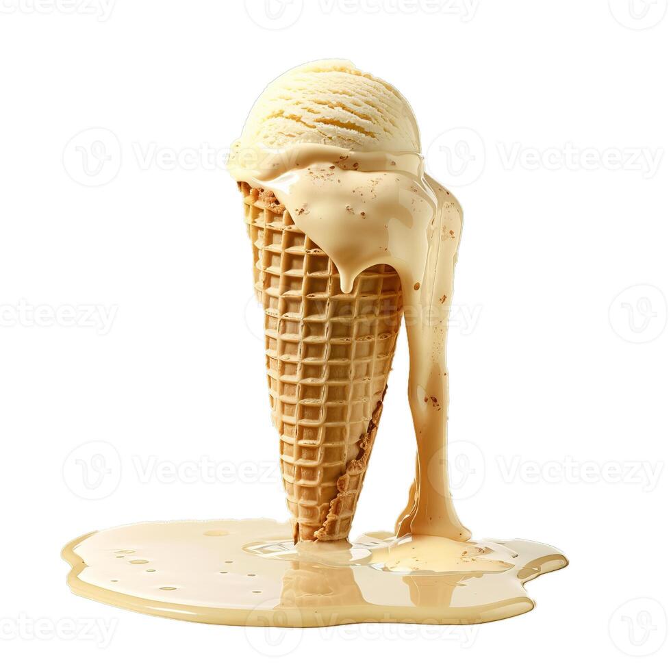 Melting vanilla ice cream dripping down a waffle cone photo