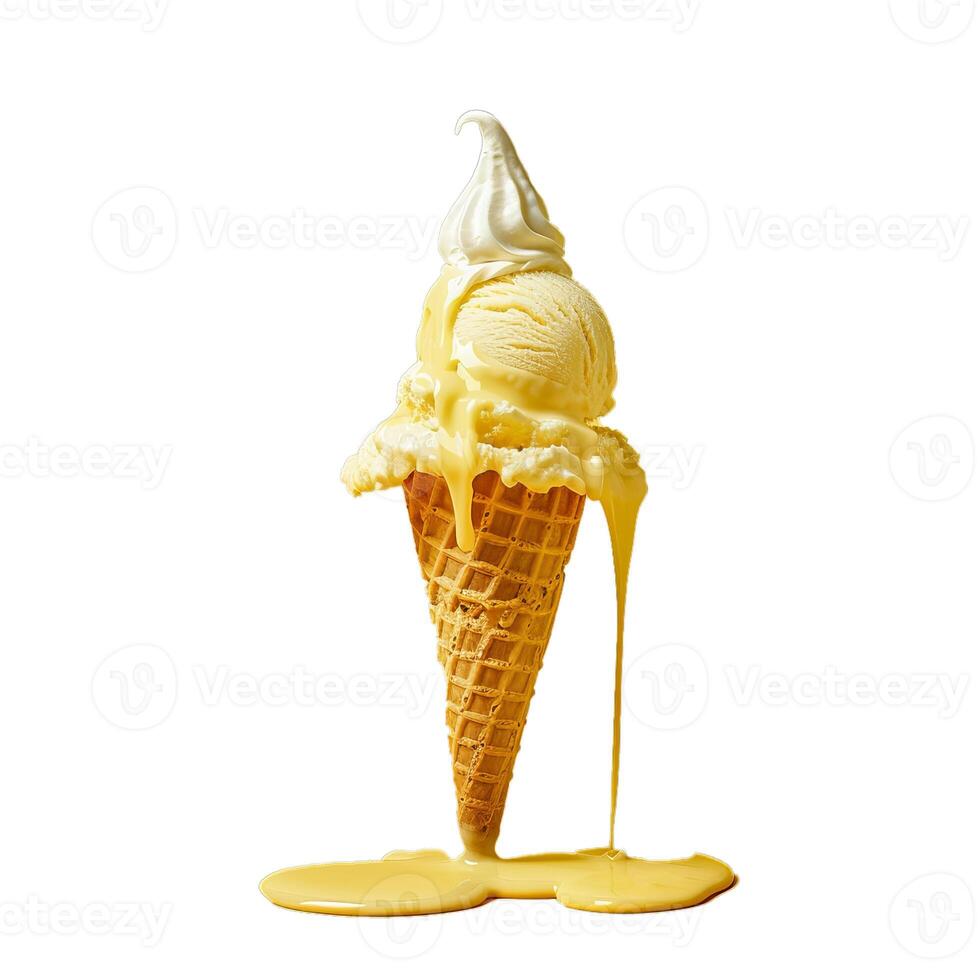 Vanilla lemon ice cream cone melting on white background photo