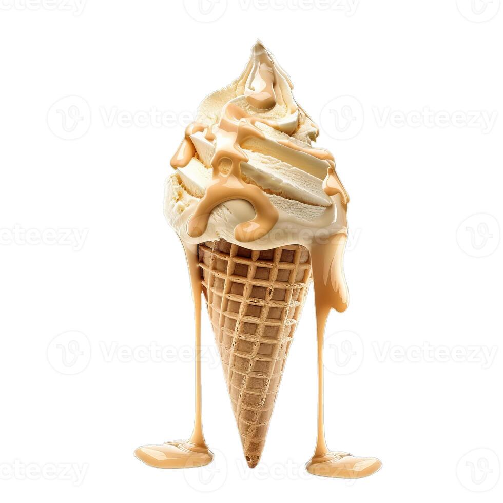 Caramel sauce dripping from ice cream cone on white background photo