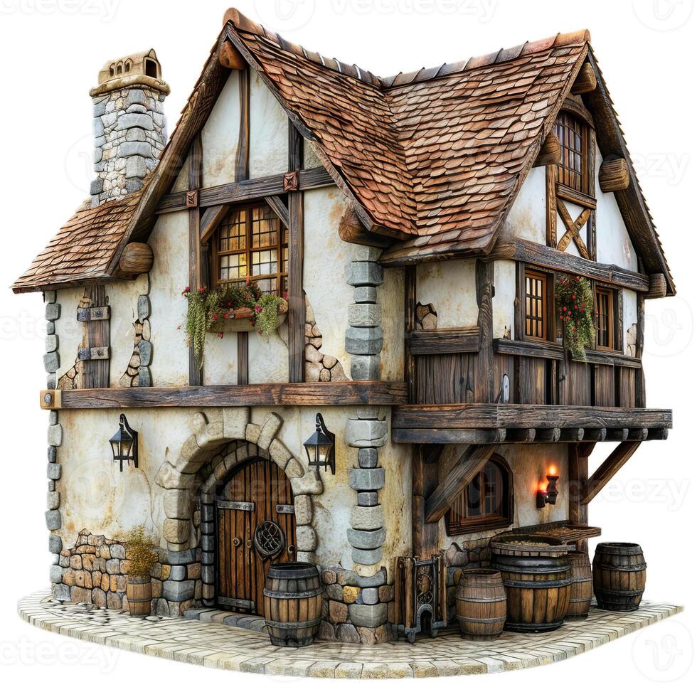 Old european medieval fantasy building with wooden barrels photo
