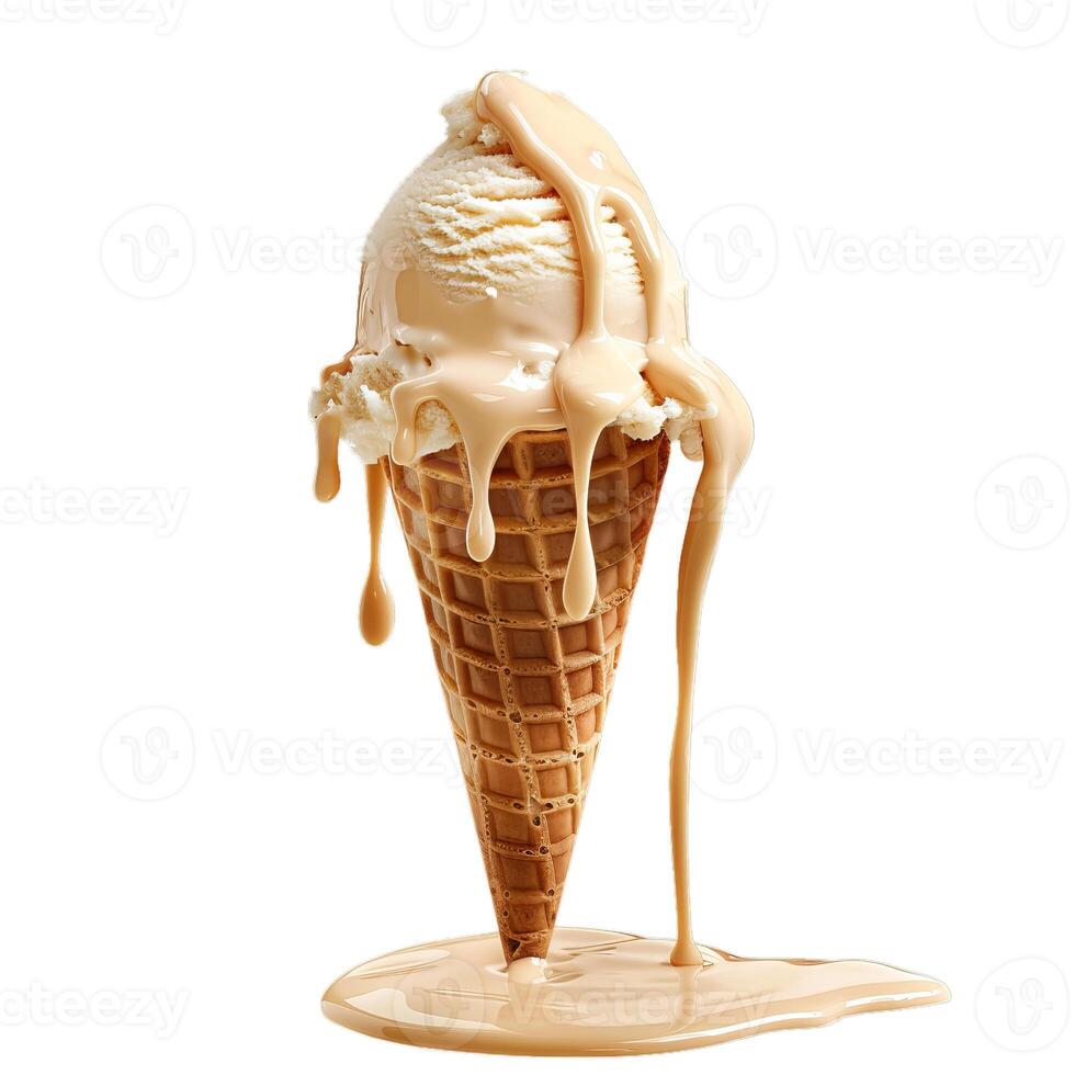 Vanilla ice cream dripping in waffle cone on white background photo