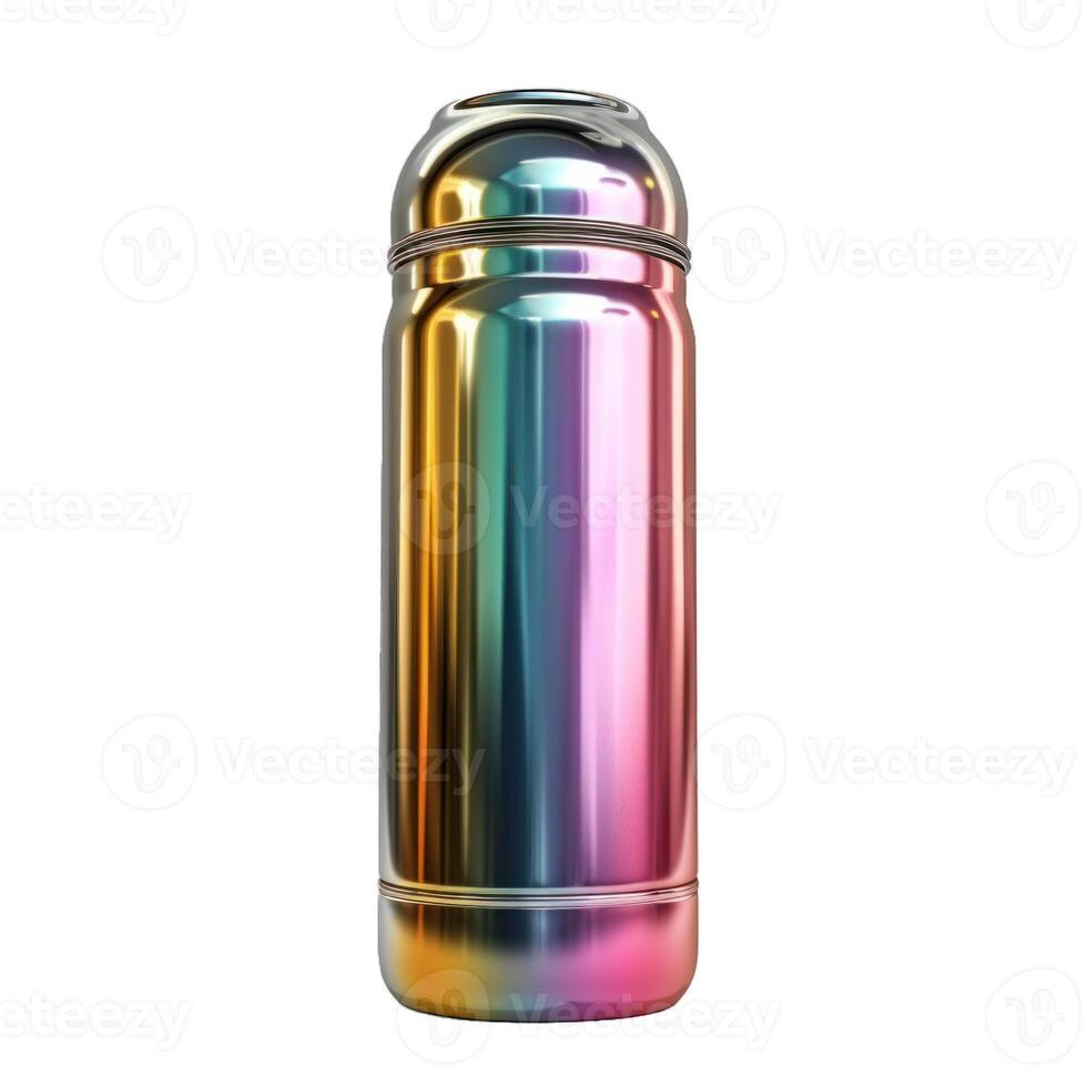 Reusable water bottle showing iridescent metallic colors on white background photo