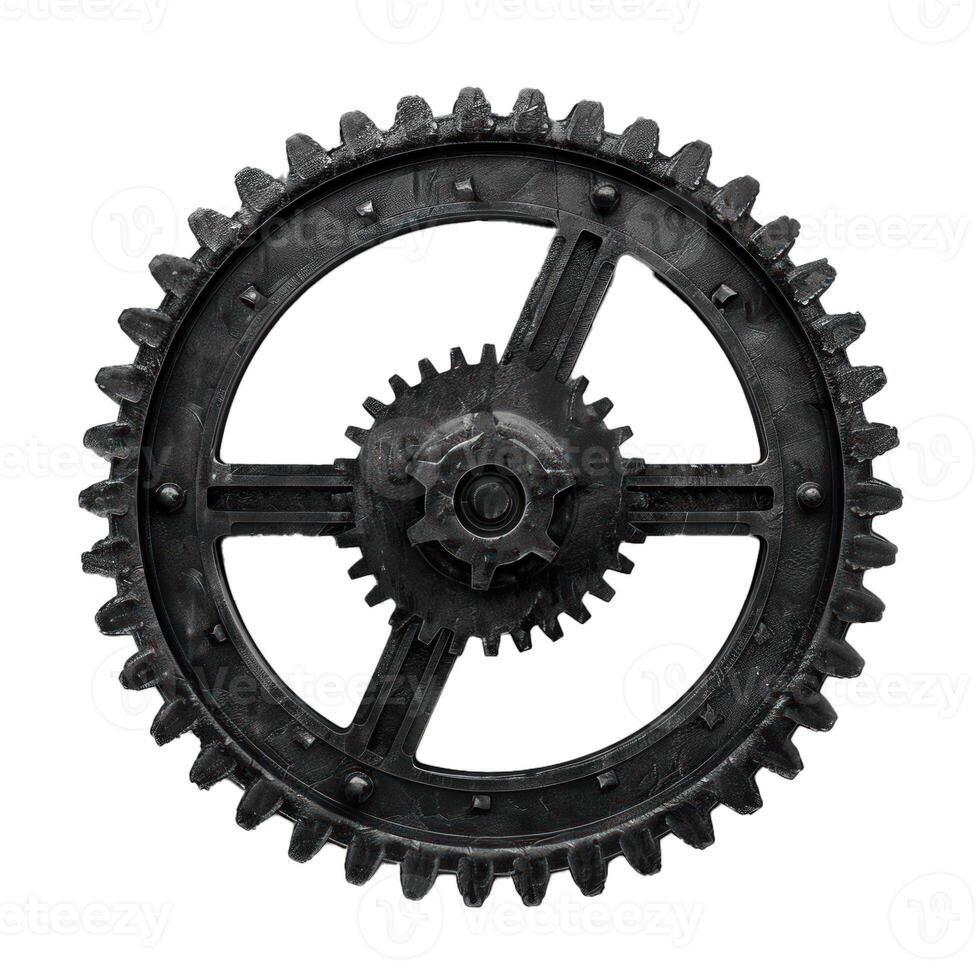 Large metal gear with teeth rotating on white background photo