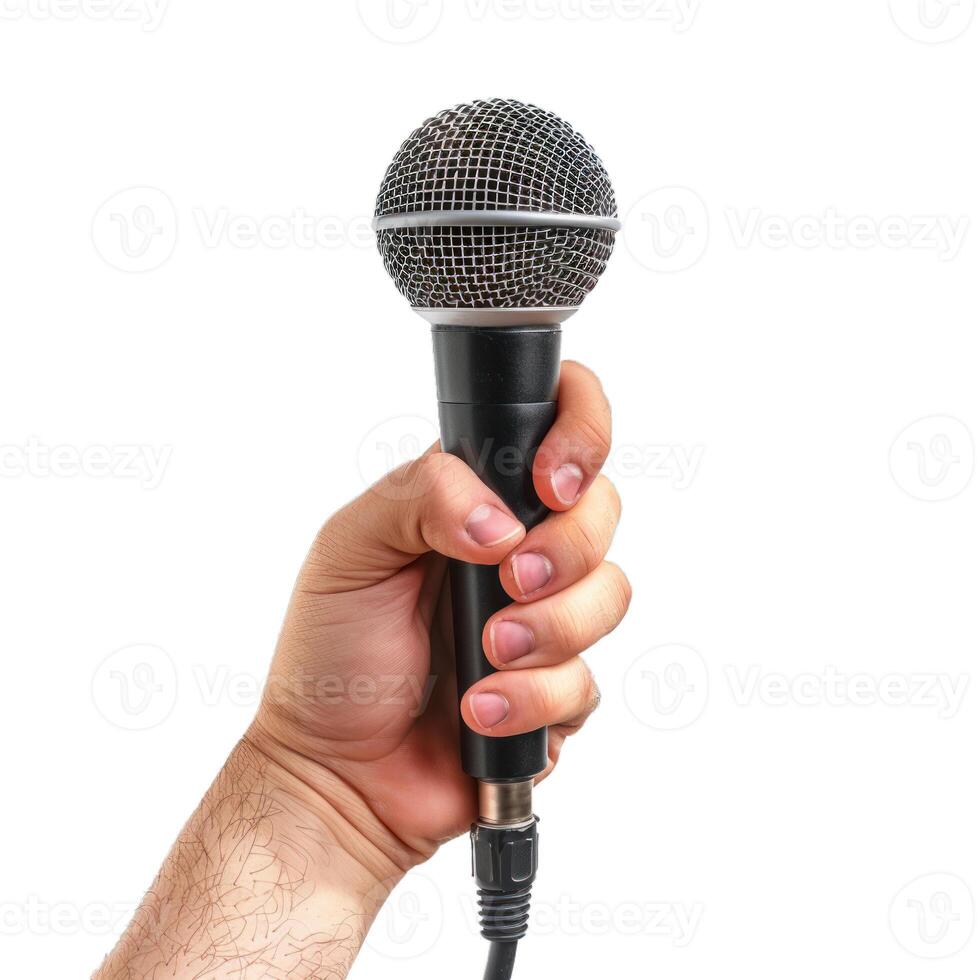Hand holding a microphone on white background photo