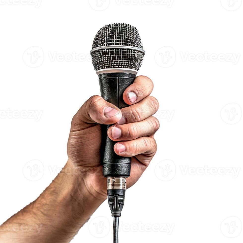 Hand holding a wired microphone on white background photo