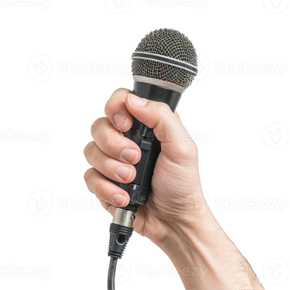 Hand holding a microphone with white background photo