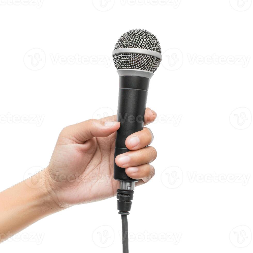 Hand holding a microphone with cable on white background photo