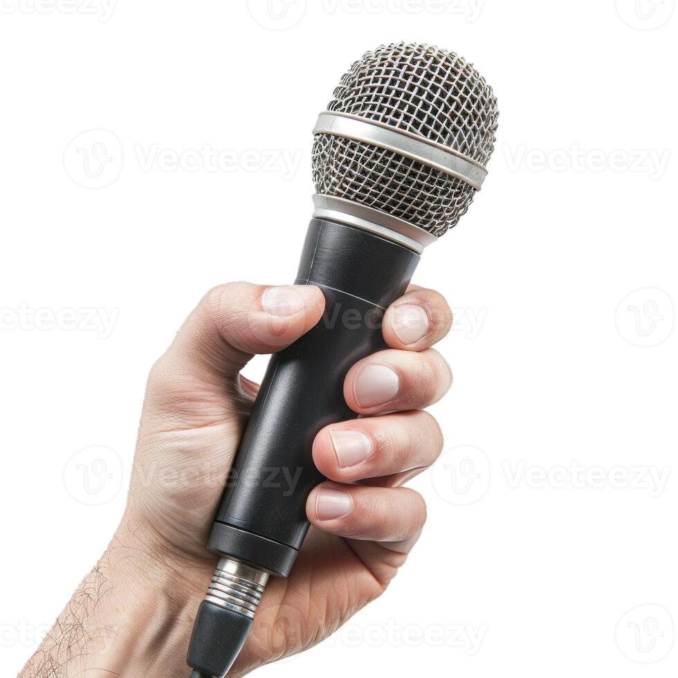 Hand holding a microphone on white background photo