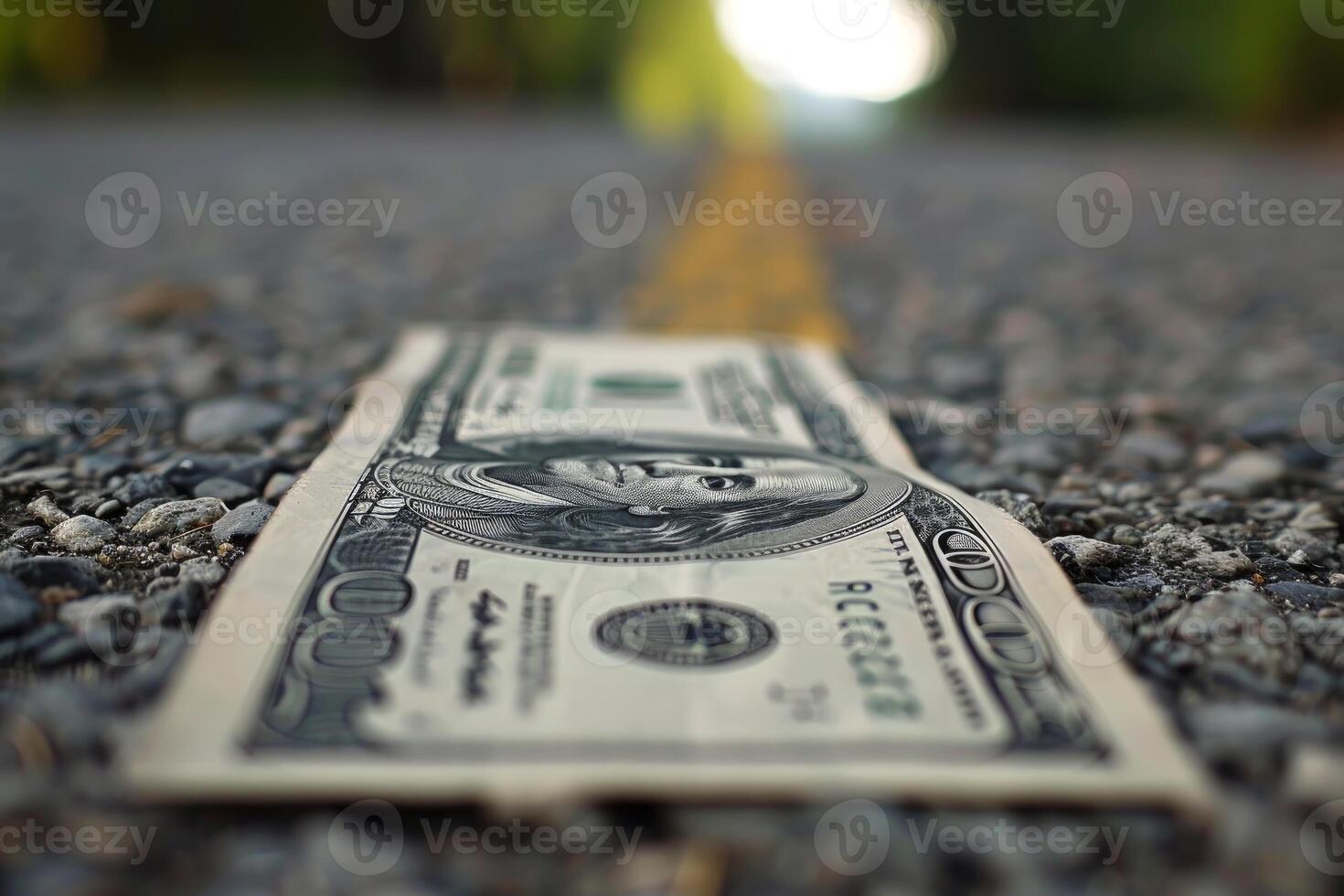 One hundred dollar bill lying on the middle of empty road photo