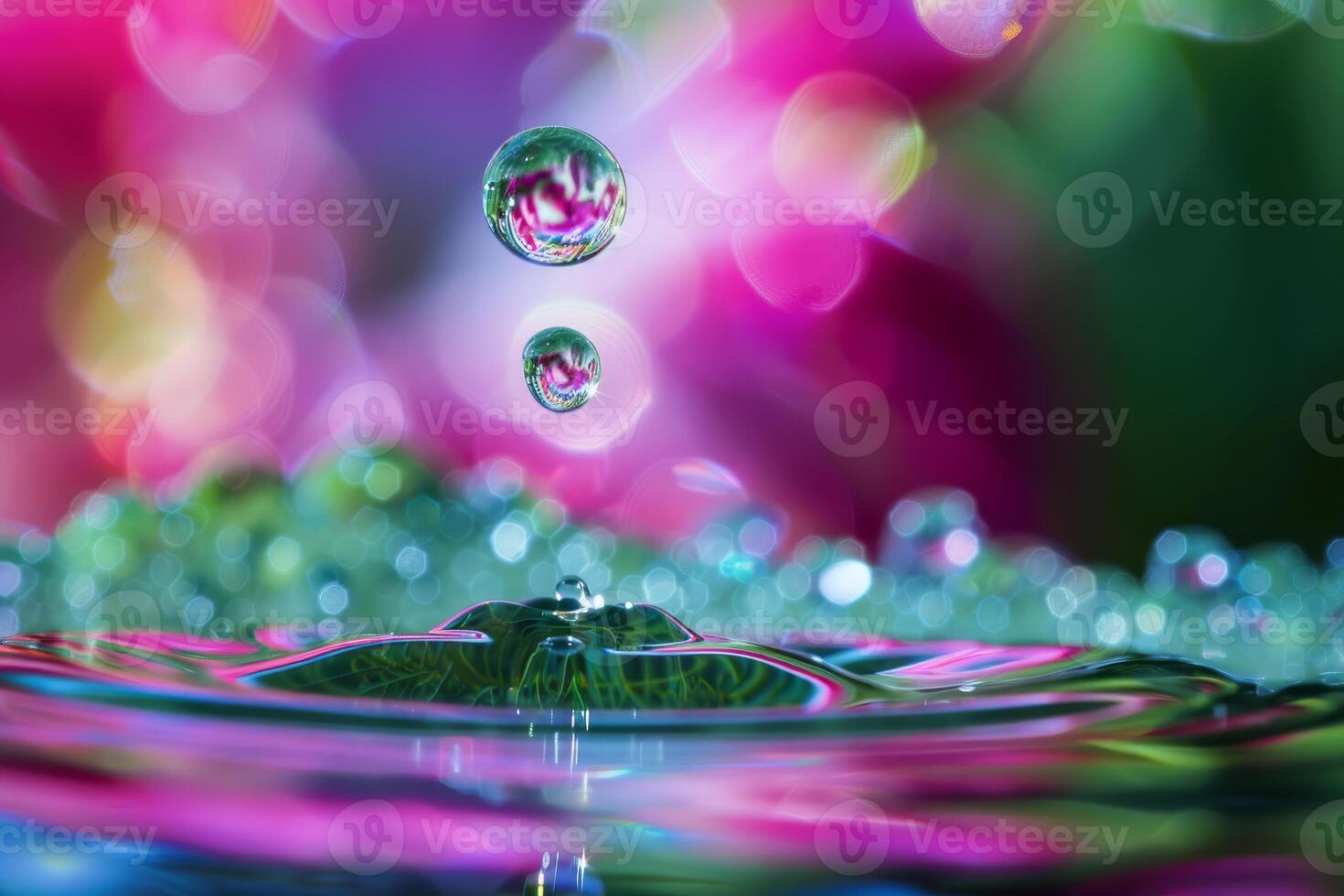 Water drop falling creating ripples on colorful liquid surface photo