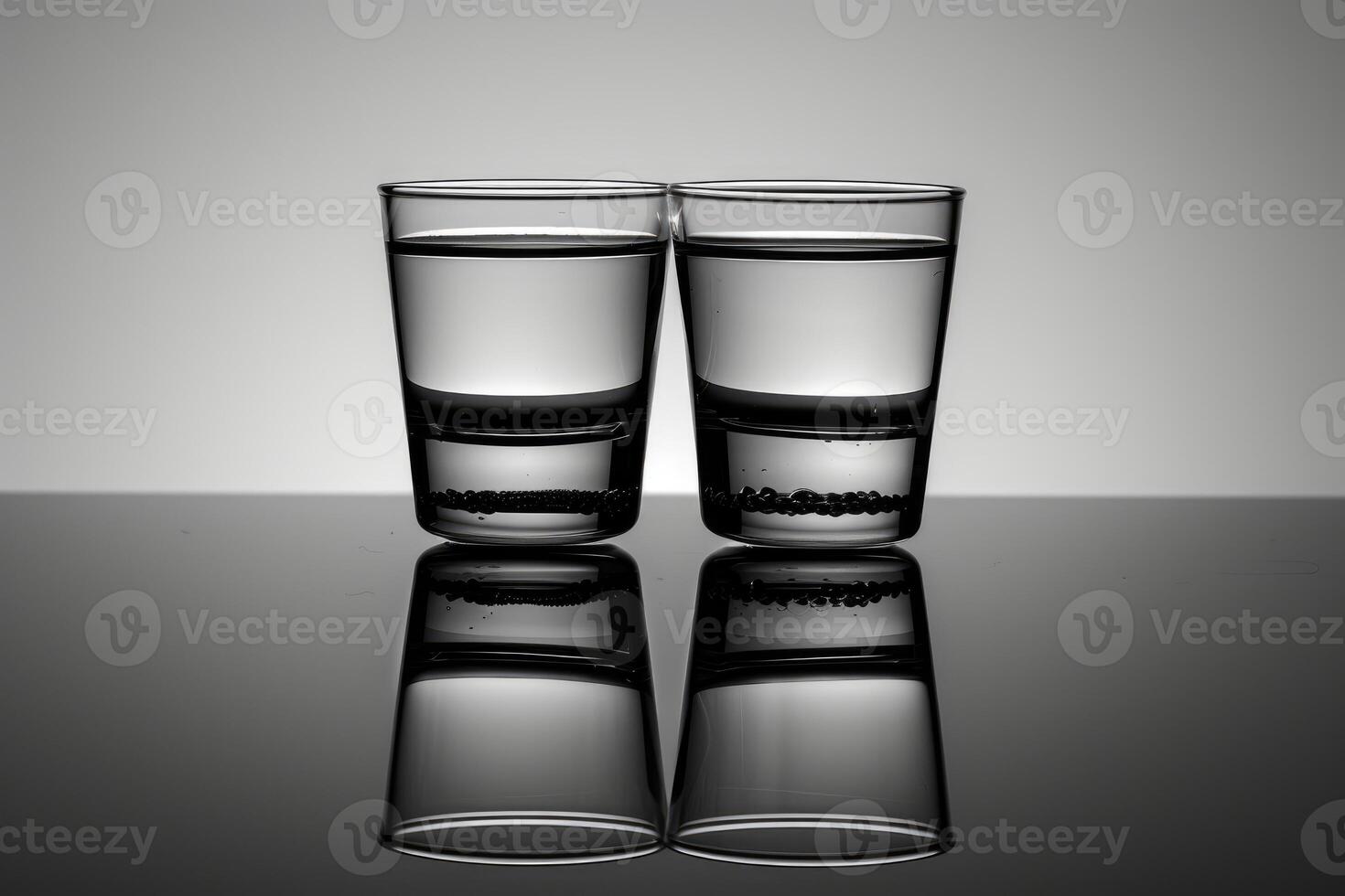 Two glasses standing on reflective surface with half full water photo