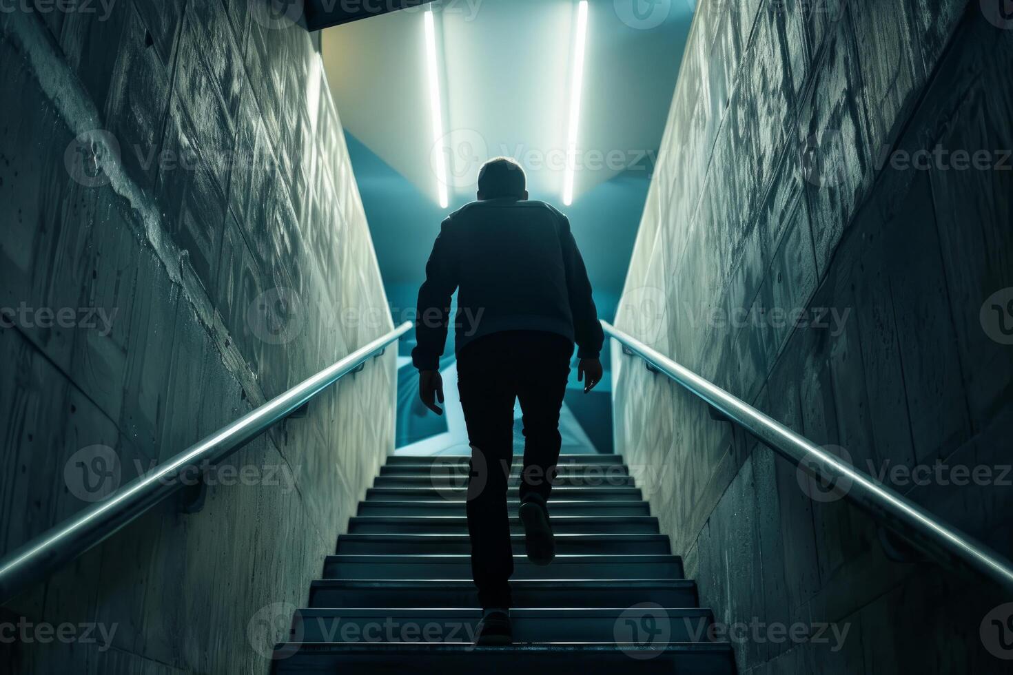 Man walking up stairs in dark building with bright light at top photo
