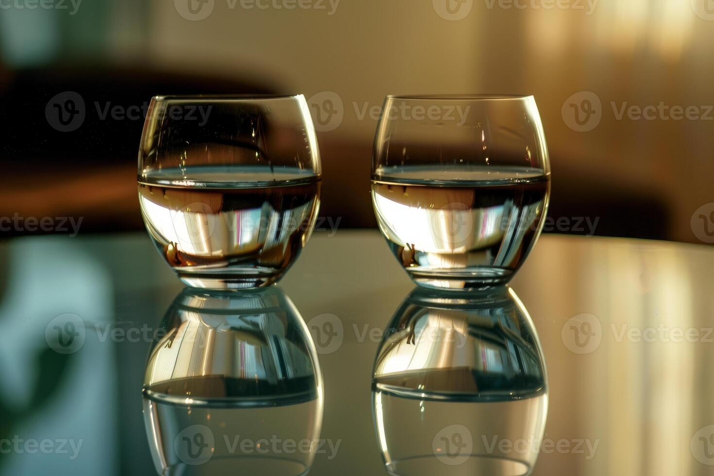 Two glasses of water reflecting a warm interior on a glass table photo