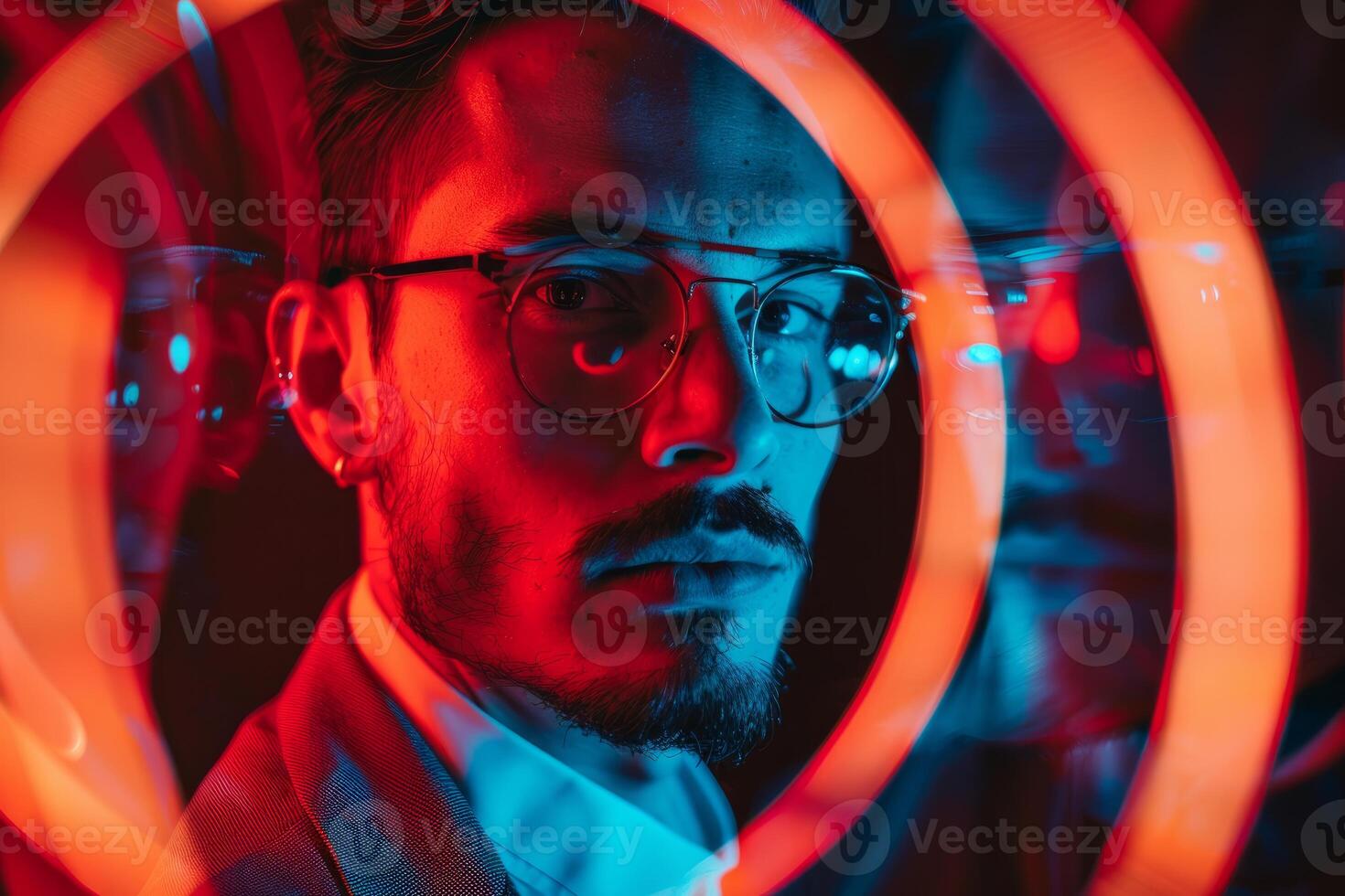 Serious bearded businessman wearing glasses and illuminated by red and blue lights photo