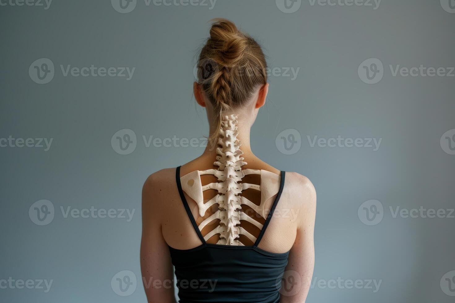 Young woman showing spinal column on back photo