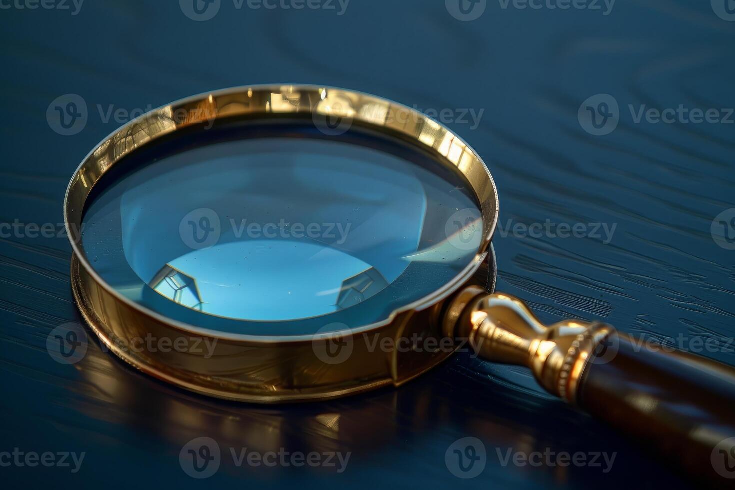 Magnifying glass resting on blue surface showing reflection photo