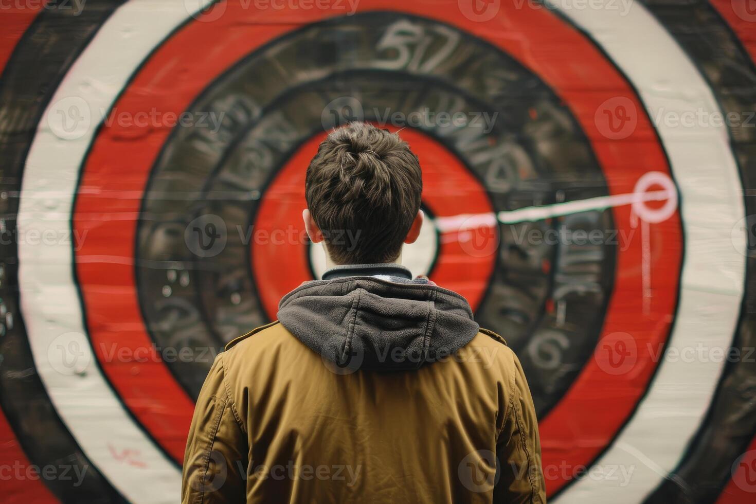 Young adult man is contemplating a target painted on a wall photo