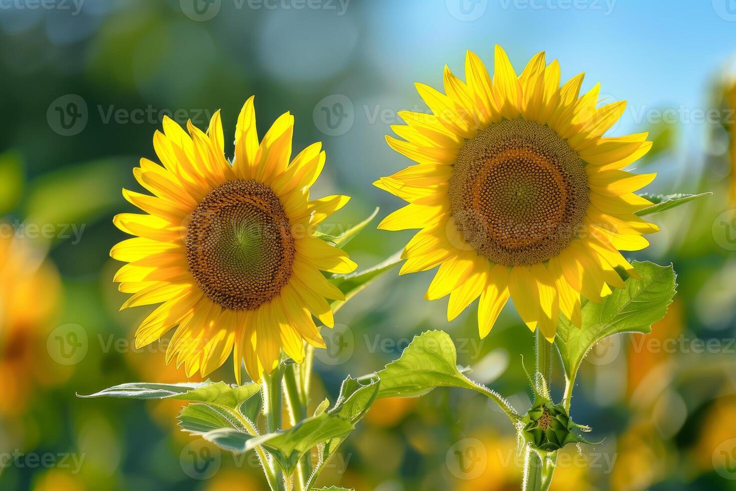 Two sunflowers blooming in a field of yellow photo