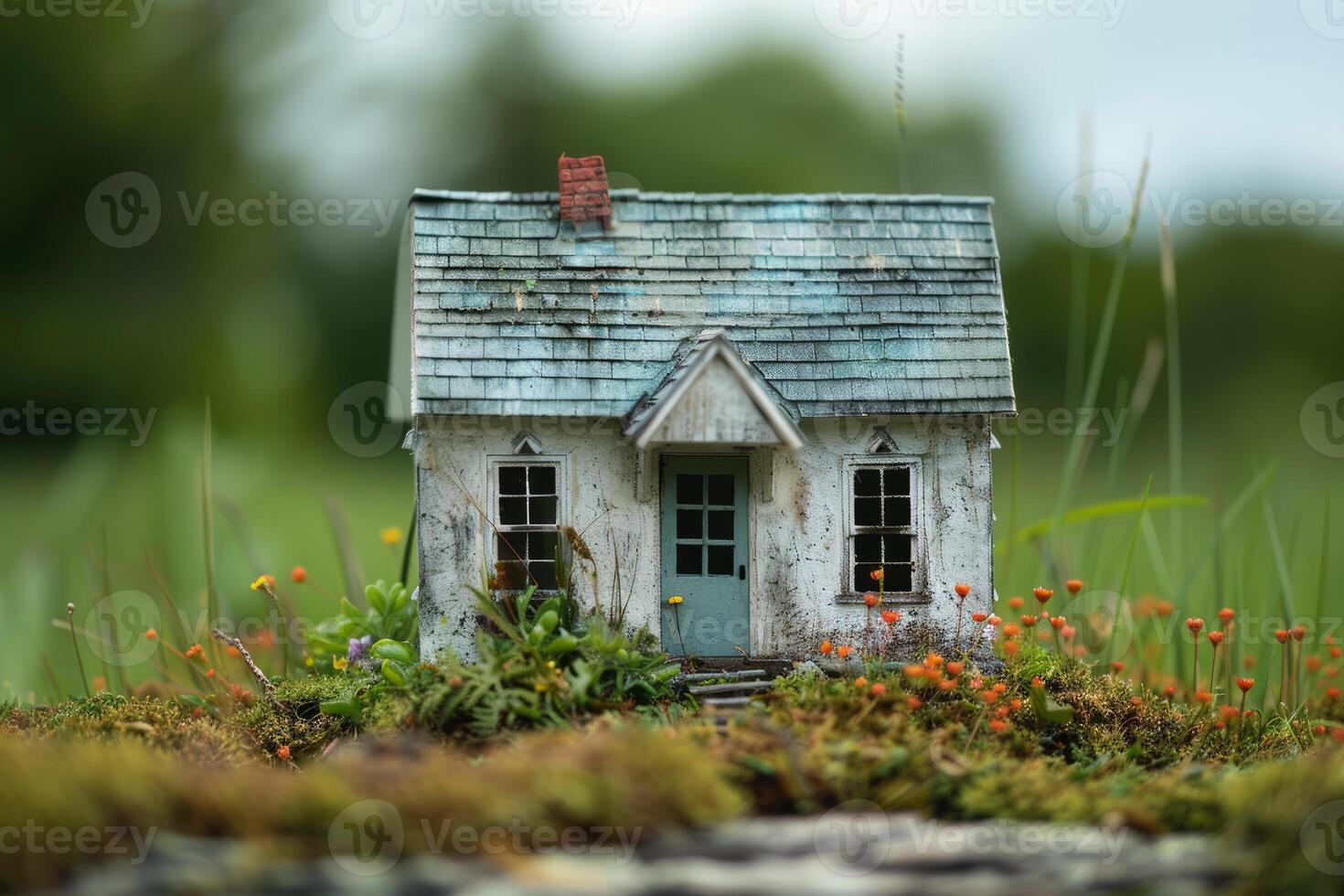 Miniature model house standing on moss surrounded by flowers photo