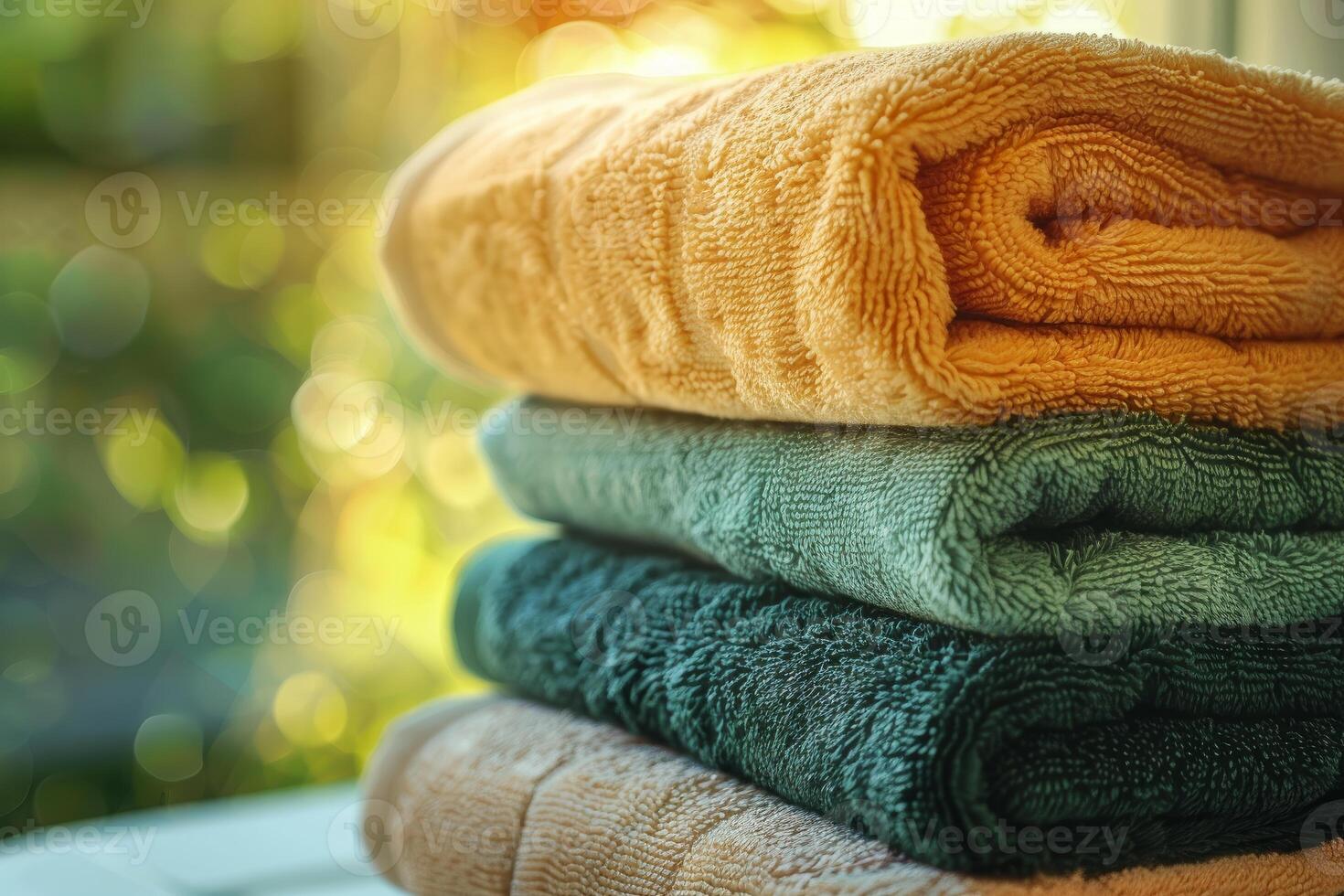 Freshly washed towels drying folded in a stack photo