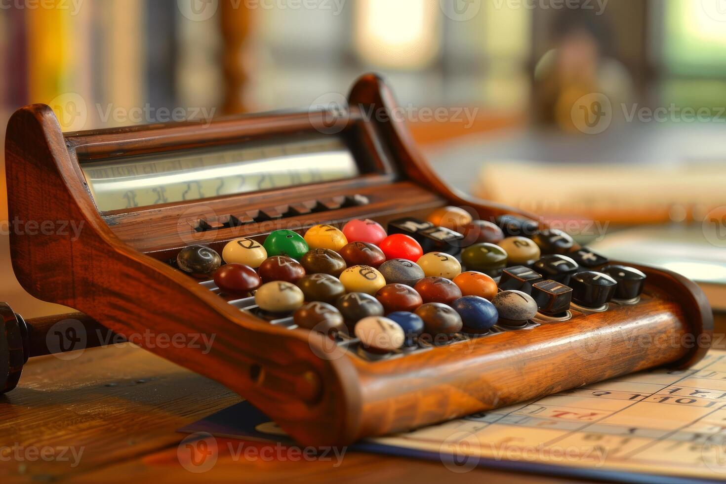 Old wooden cash register with colorful numbered balls is sitting on table photo