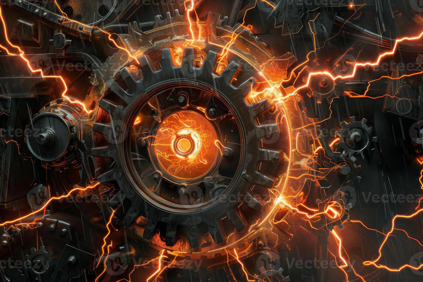 Rusty gears turning with electrical current flowing through photo