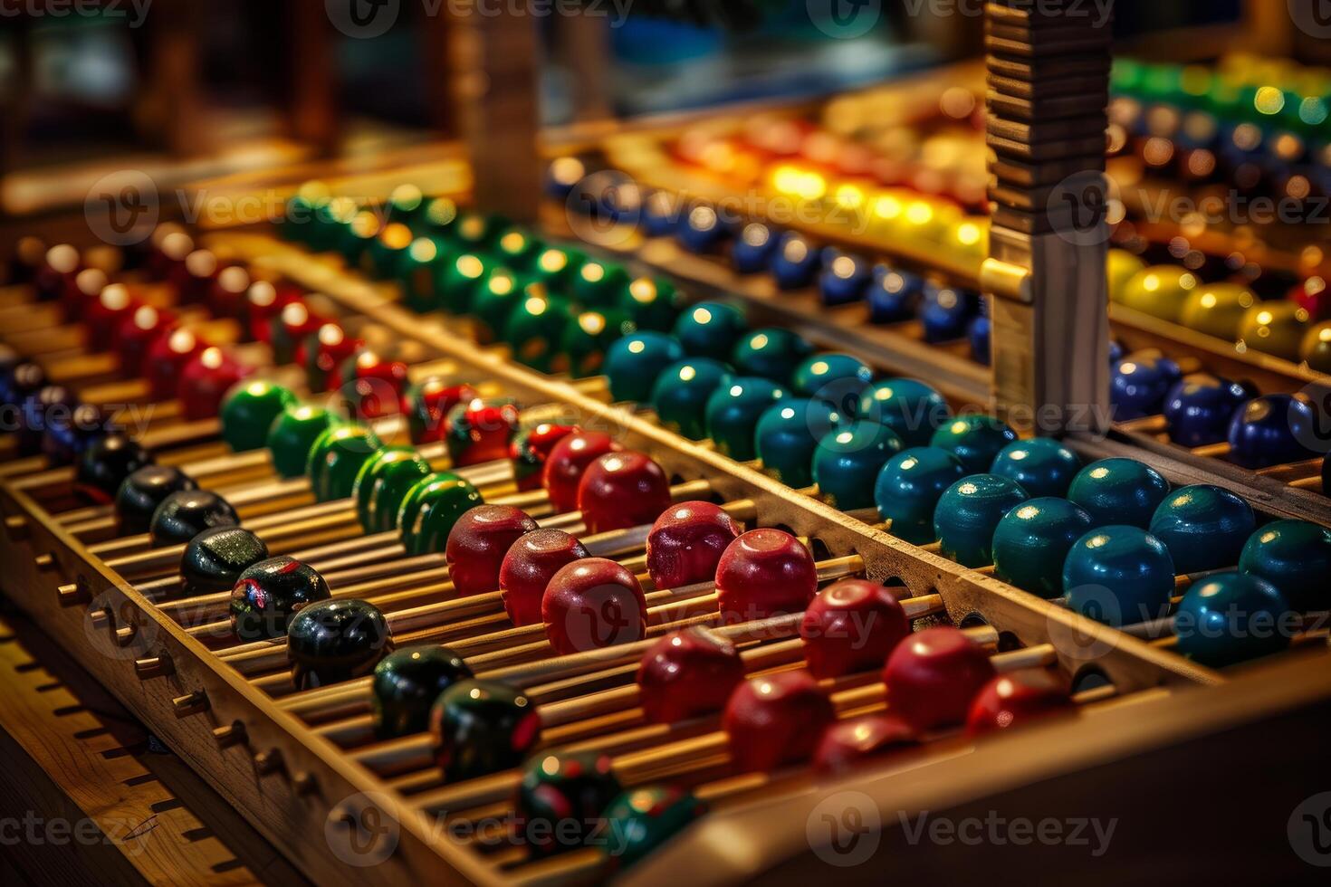Rows of colorful wooden balls on display at a market stall photo
