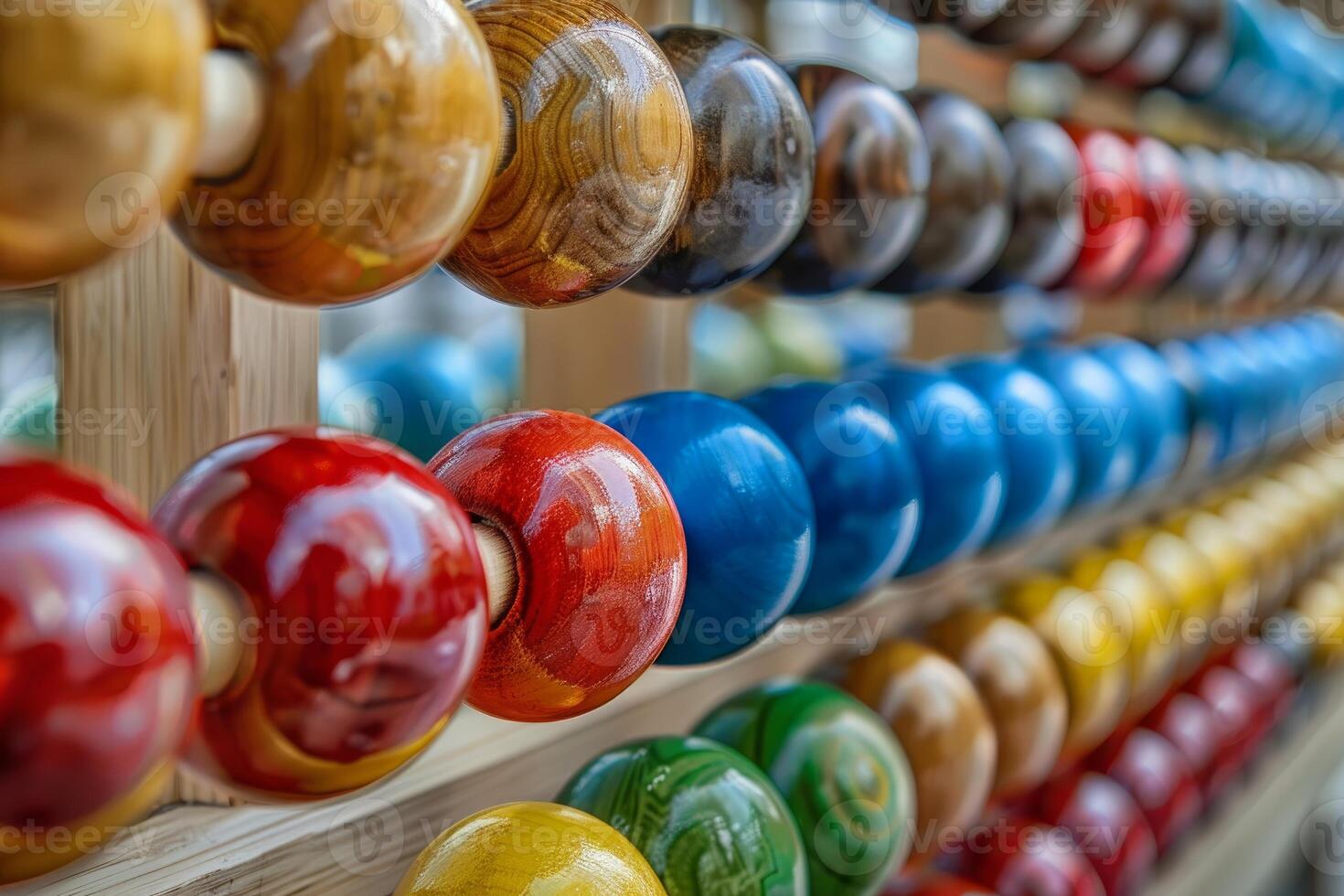 Colorful wooden balls are displayed on shelf photo
