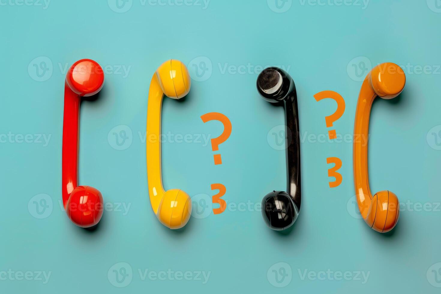 Four colorful retro phone handsets hanging with question marks on blue background photo