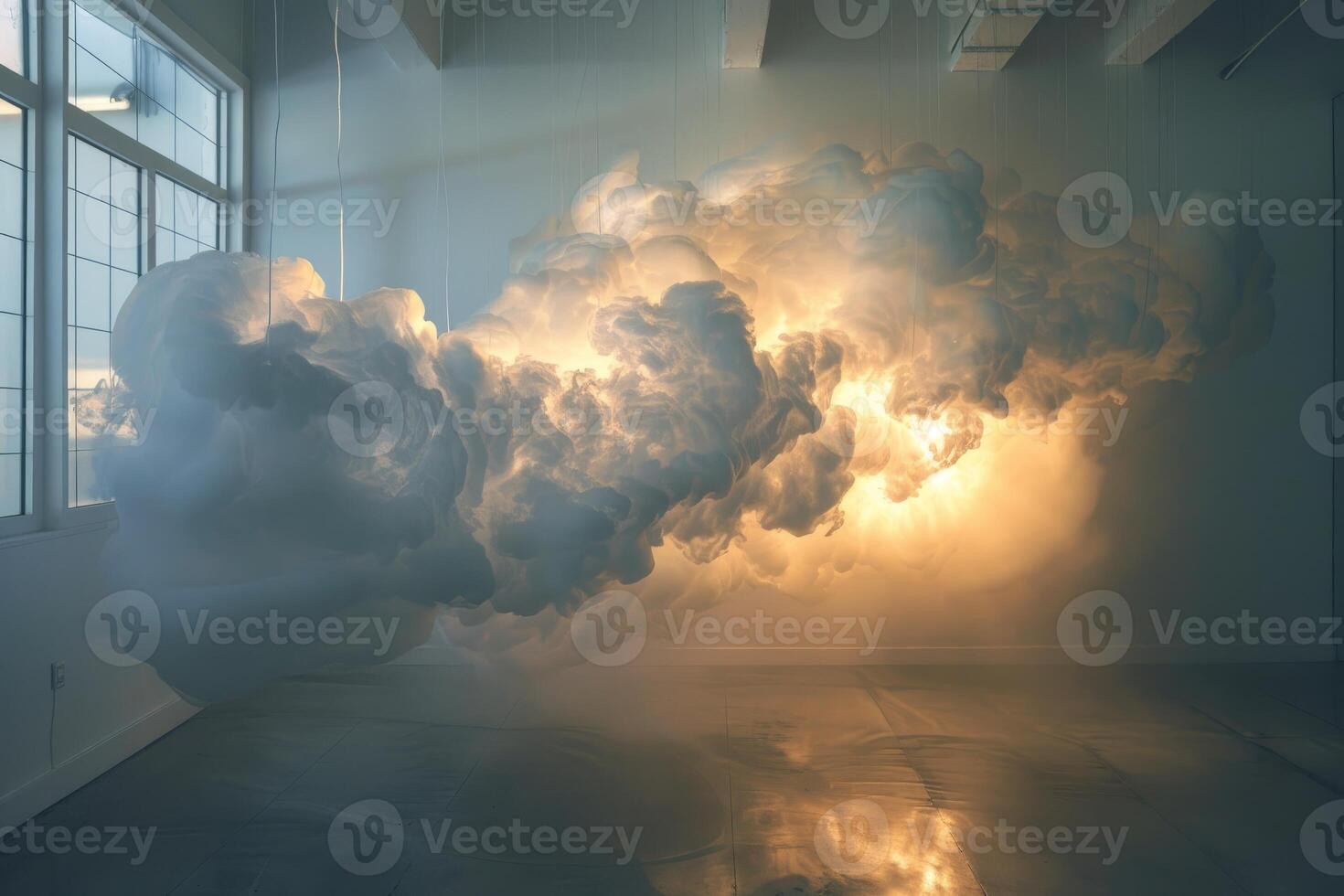 Fluffy white cloud installation hanging from ceiling lighting up room photo