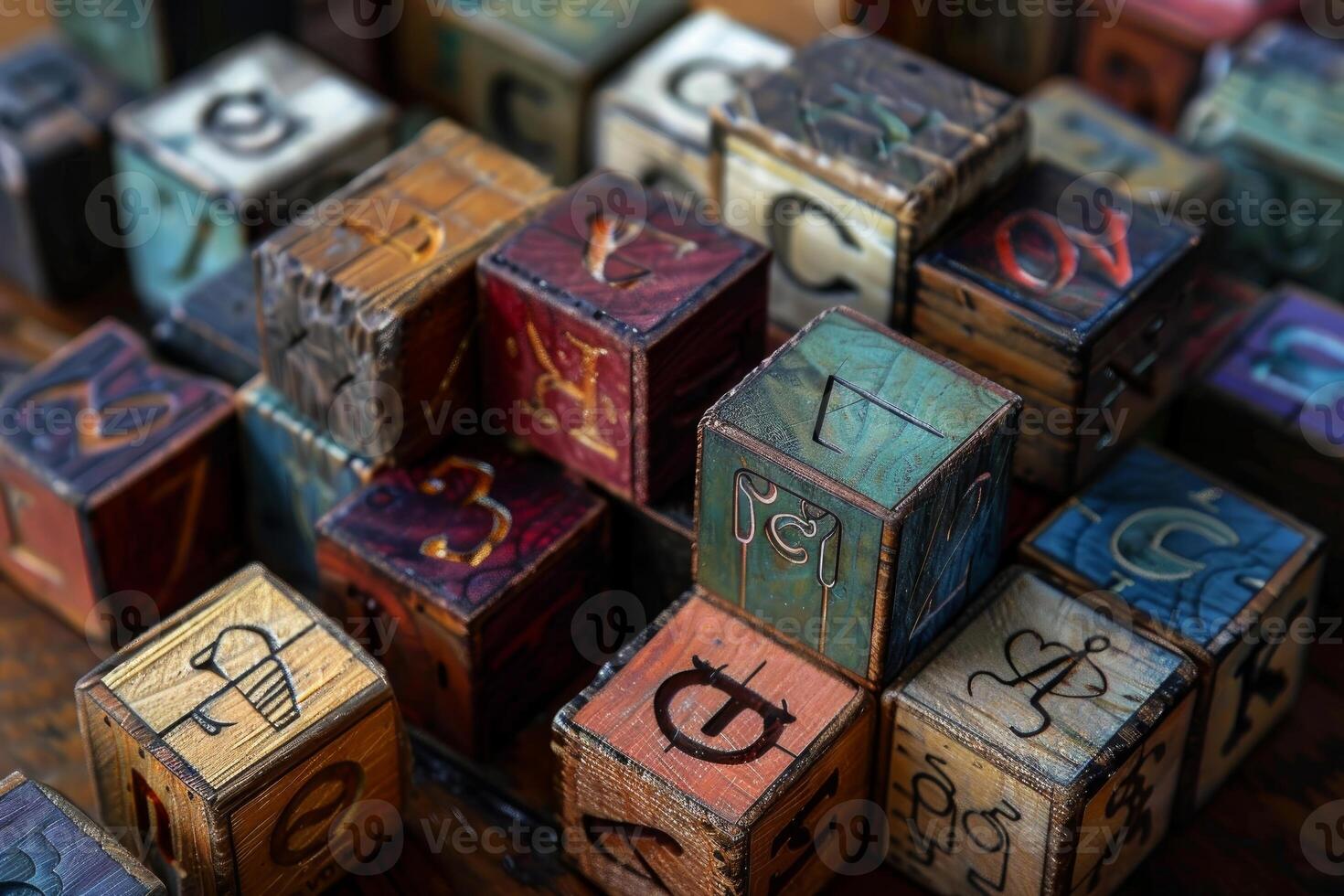 Multicolored wooden alphabet blocks forming random letters and numbers photo