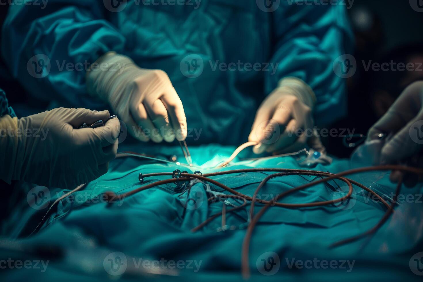 Surgical team performing open heart surgery on patient in hospital operating room photo