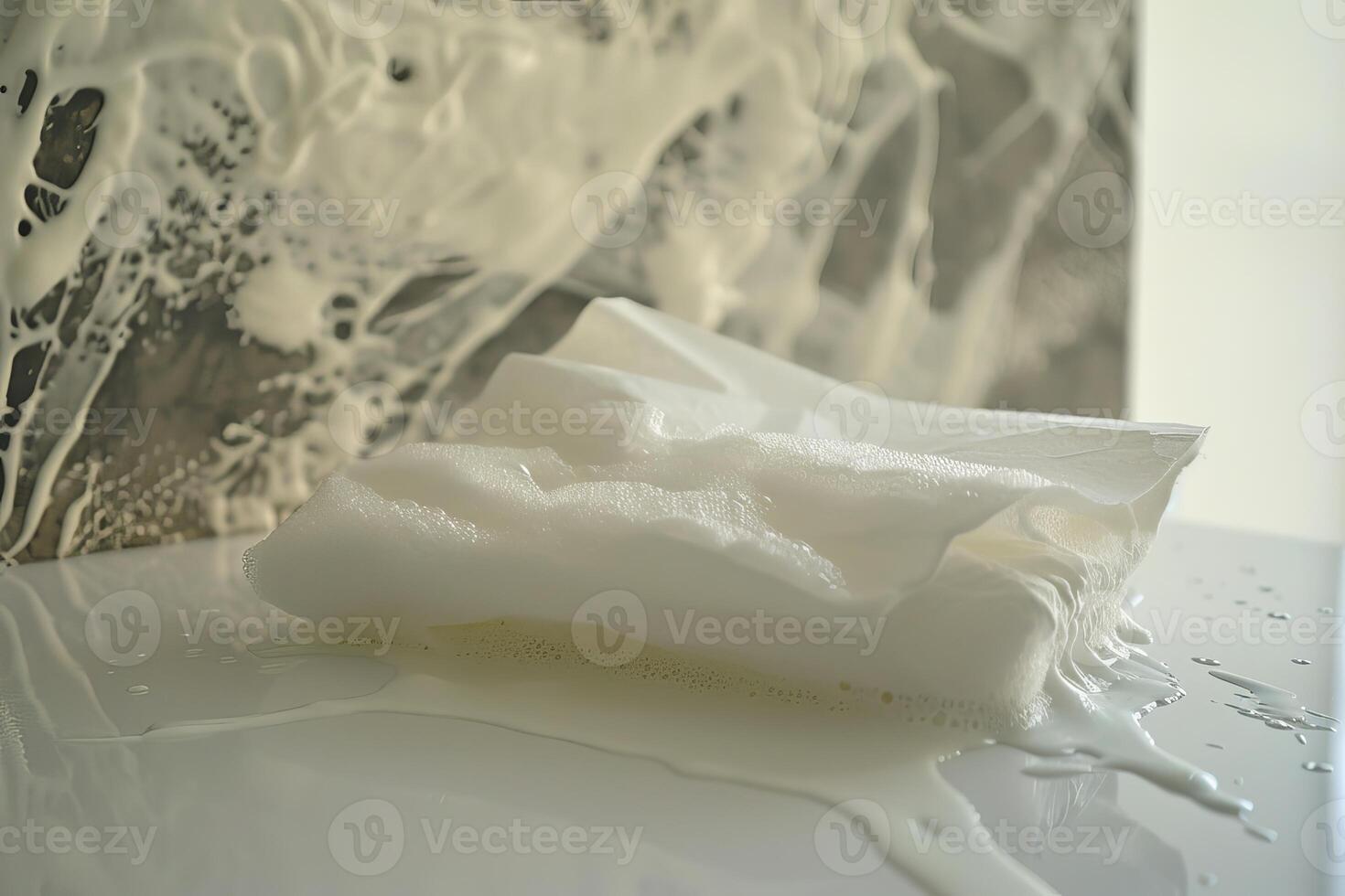 Absorbent paper towels soaking up cleaning foam on messy countertop photo
