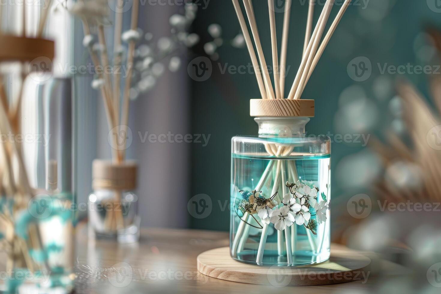 Aromatic reed diffuser with essential oils creating relaxing atmosphere at home photo