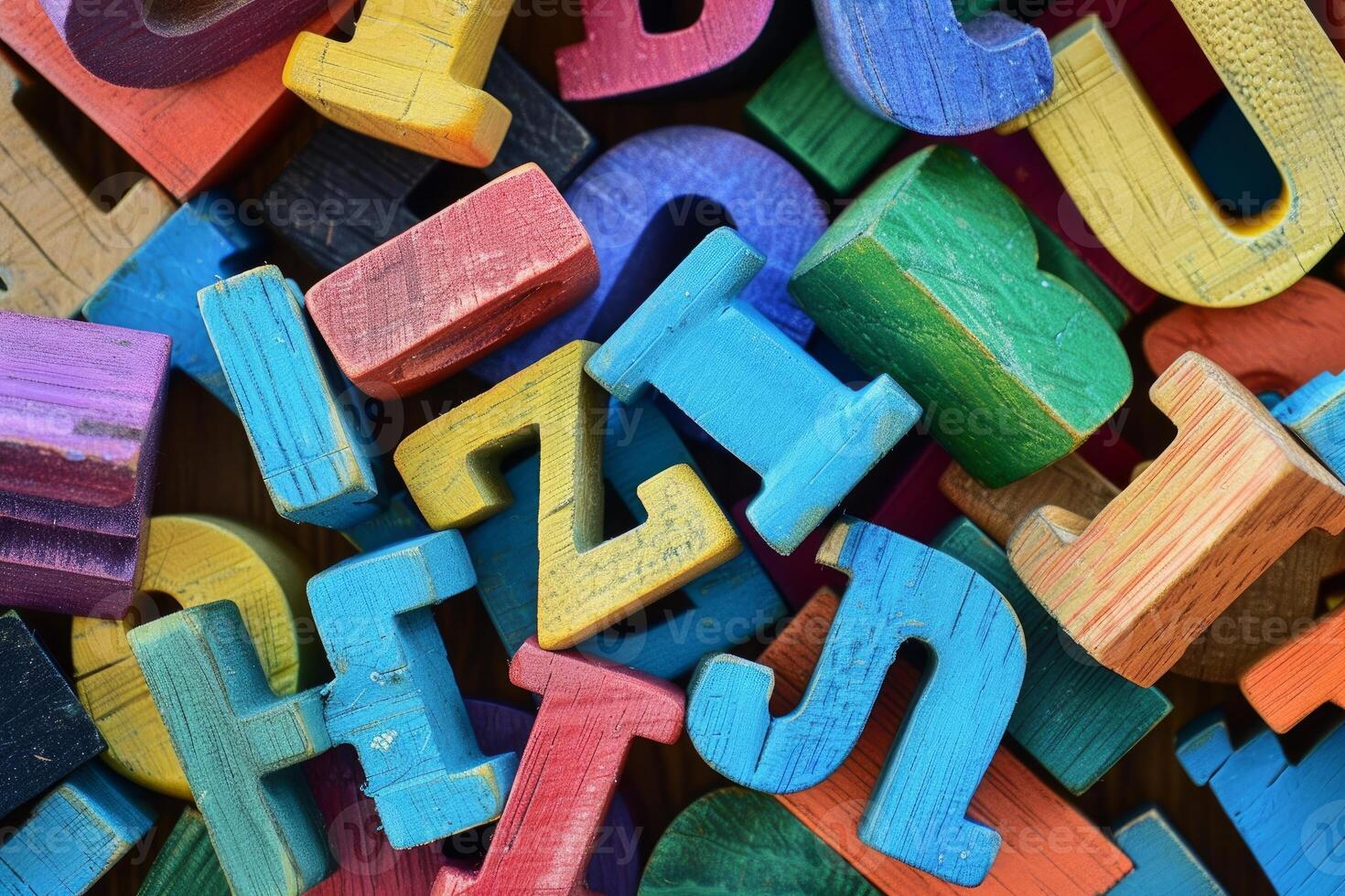 Colorful wooden alphabet blocks forming random letters photo