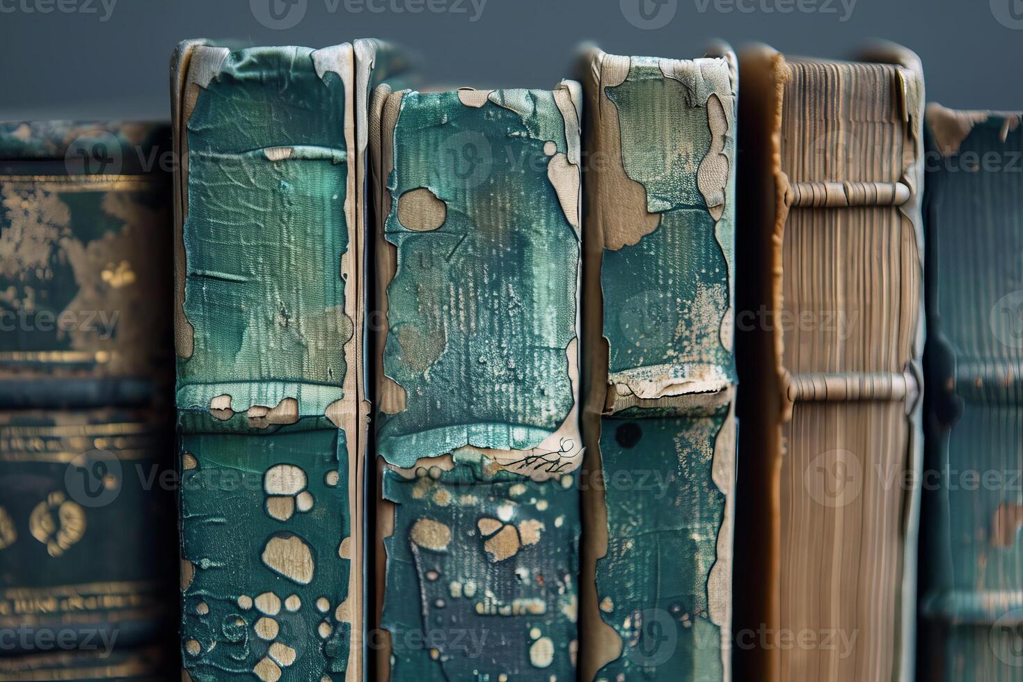 Old books with damaged green covers standing on bookshelf photo