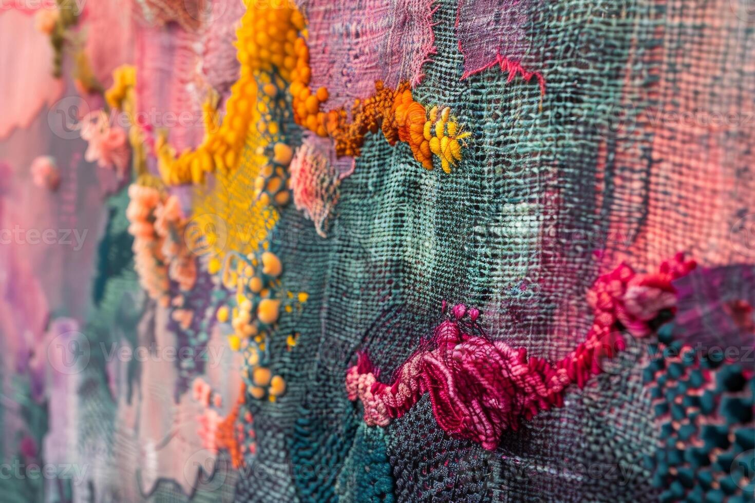 Colorful abstract textile art combining different materials and techniques photo