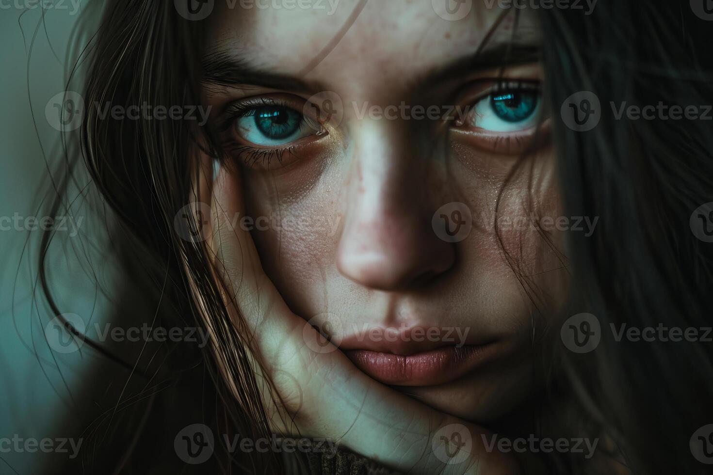 Young woman with blue eyes suffering from depression photo